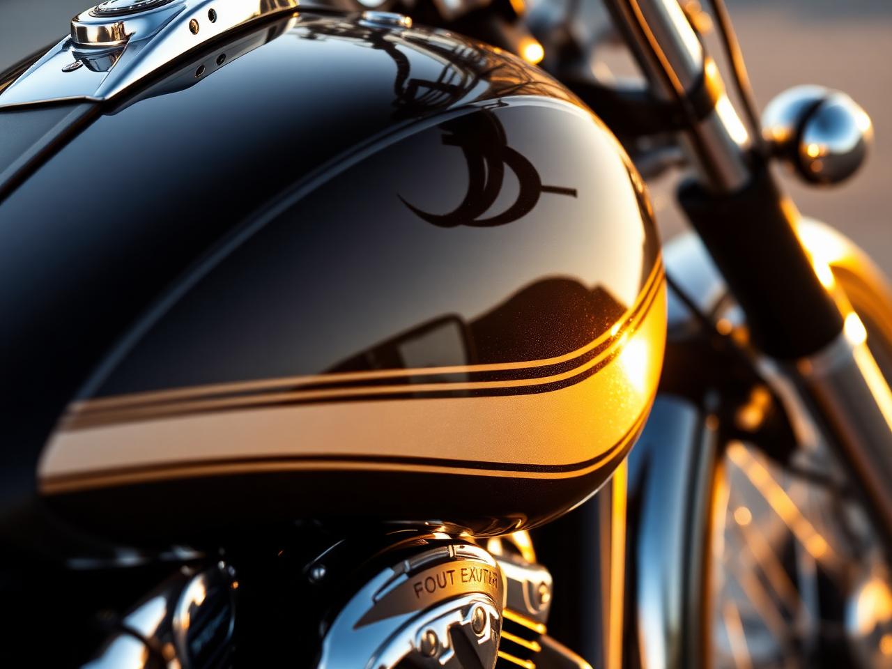 Polished motorcycle tank glowing at sunset